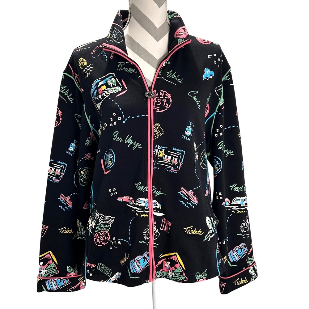 Koret XL Bon Voyage Travel Theme Full Zip Jacket Sweatshirt Black Pink